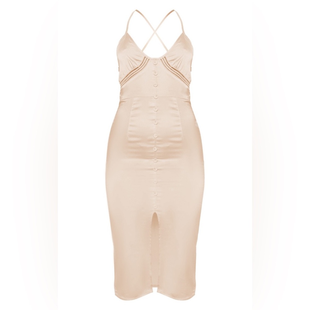 PrettyLittleThing Champagne Button Front Satin Strappy Midi Dress NWT - Picture 4 of 13